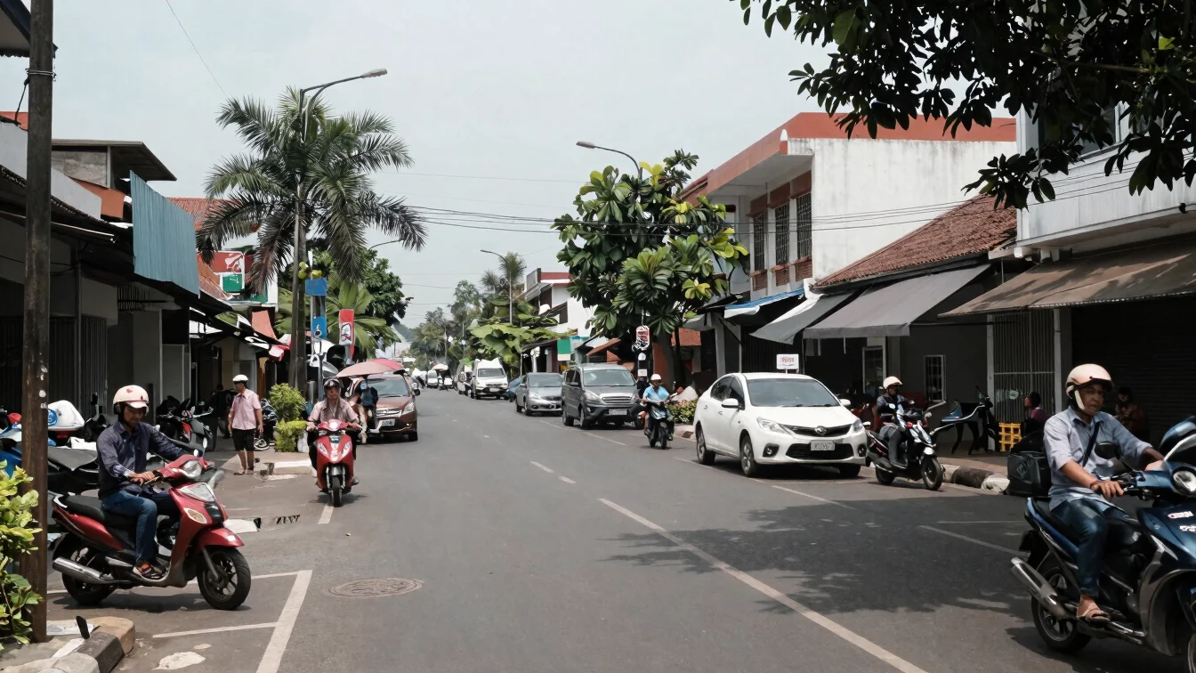 Suasana jalan dan permukiman kota Indonesia pada siang hari, cahaya alami, gaya dokumenter, tanpa orang yang diposisikan