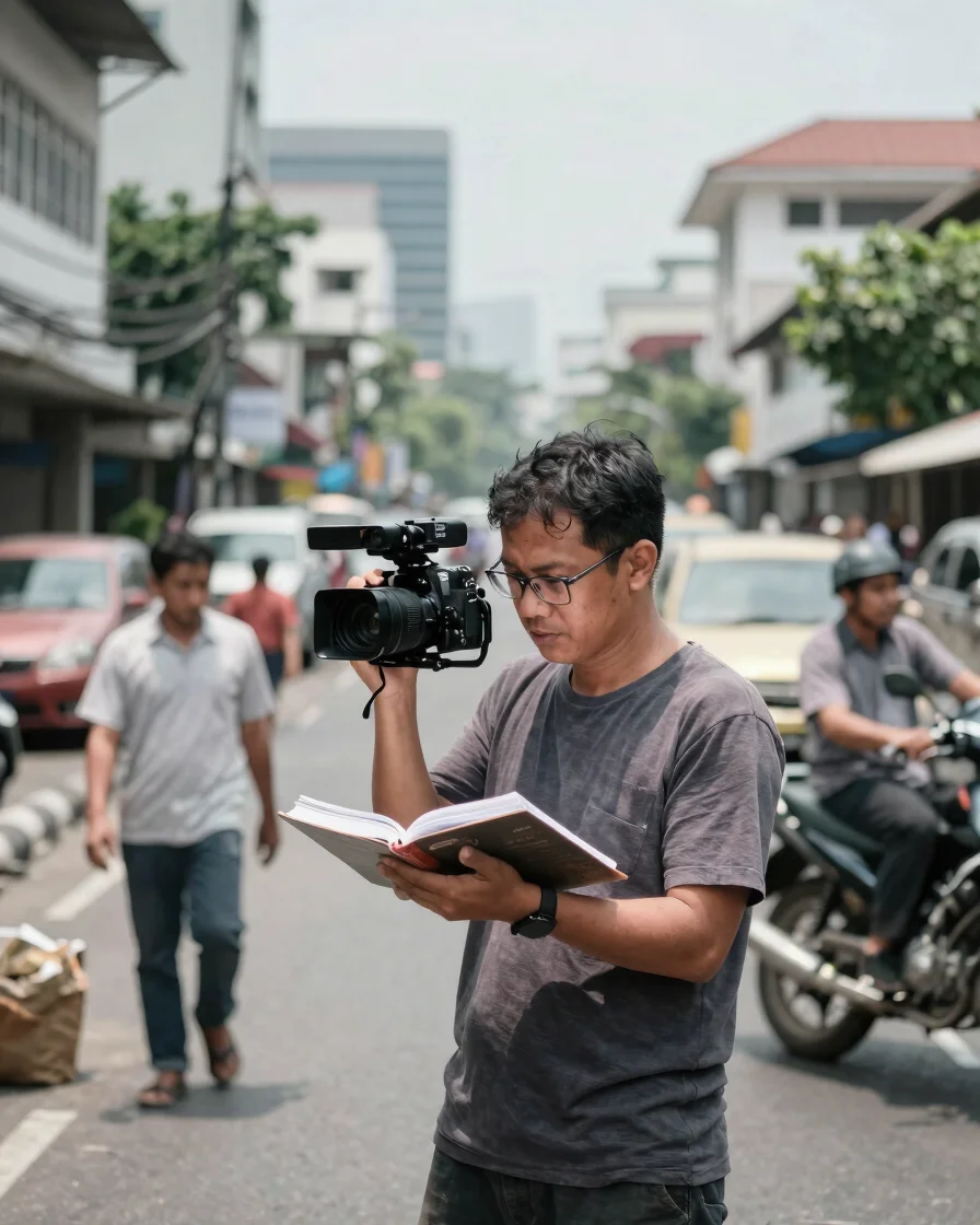 Wartawan bekerja di lapangan di lingkungan perkotaan Indonesia, d